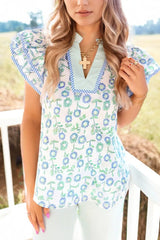 Floral Print Notched Ruffled Sleeve Blouse - kinko