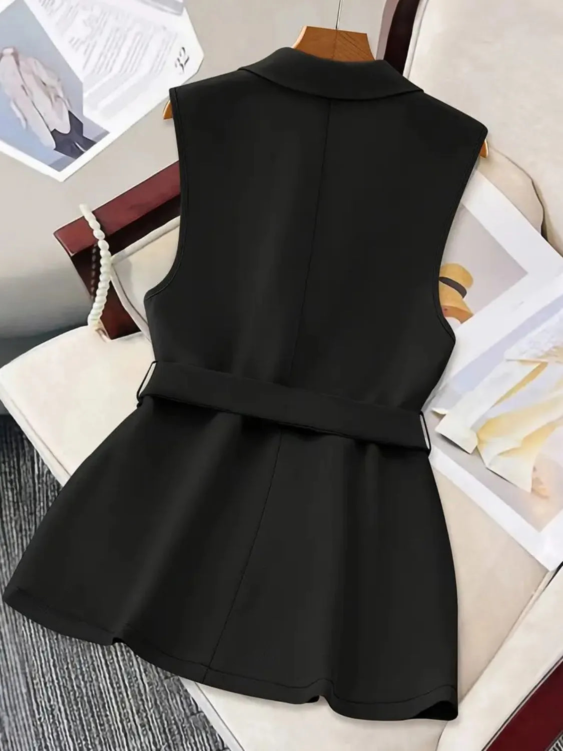Tie Waist Lapel Collar Sleeveless Blazer - kinko