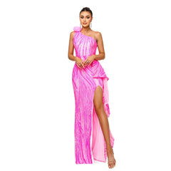 One-shoulder Diagonal Collar Sequined Slit Evening Dress - kinko