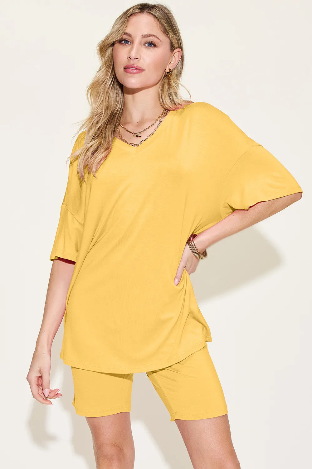 Basic Bae Bamboo Full Size V-Neck Drop Shoulder T-Shirt and Shorts Set - kinko
