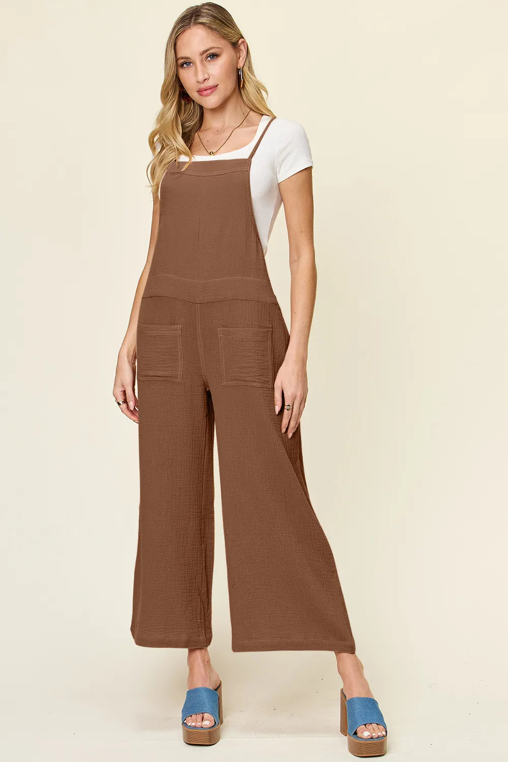 Double Take Full Size Texture Sleeveless Wide Leg Overall - kinko