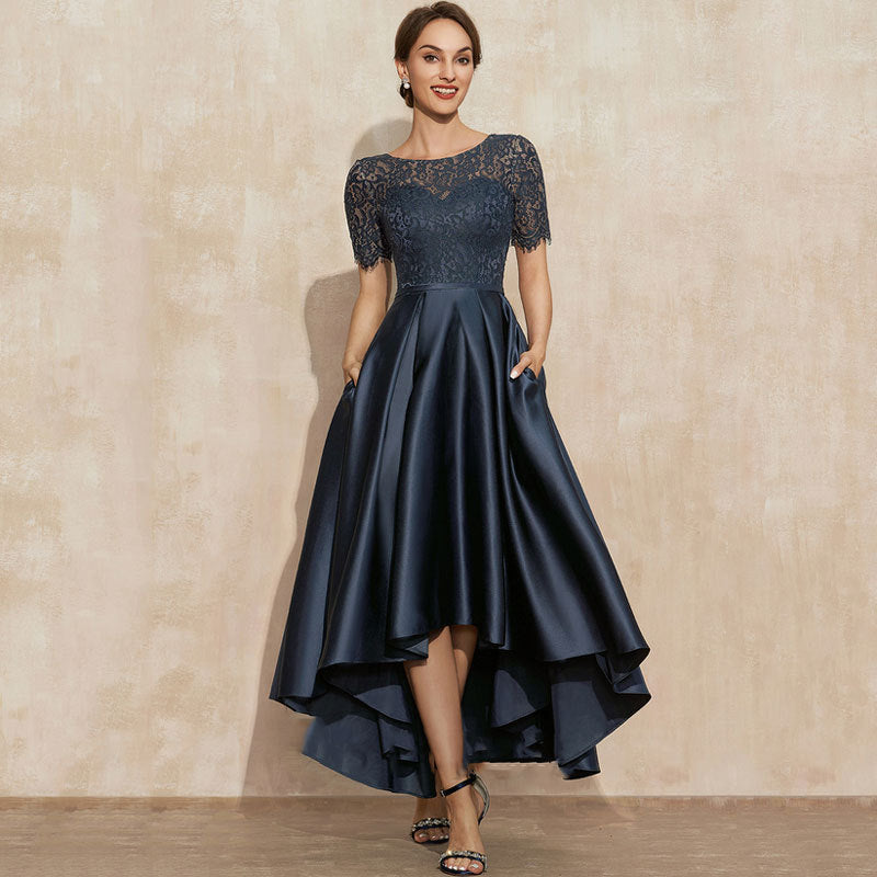 Navy Blue Satin Ball Lace Short Sleeve Dress - kinko
