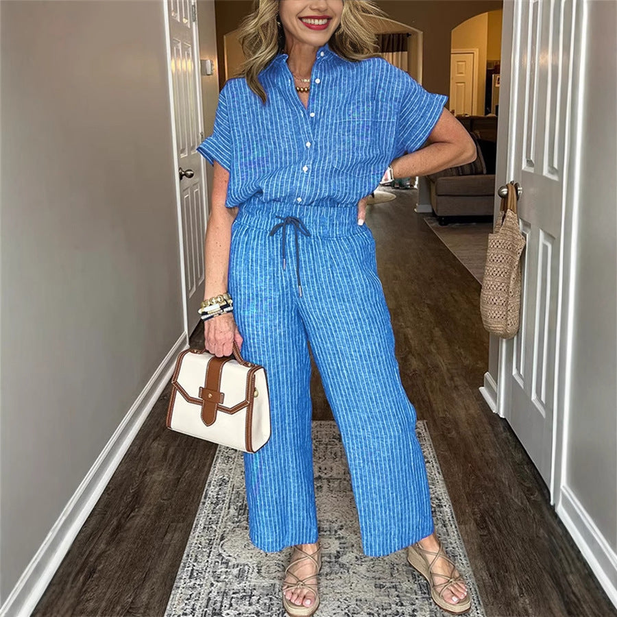 Women's Striped Suit Lapel Short Sleeve Straight Idle Style Trousers - kinko