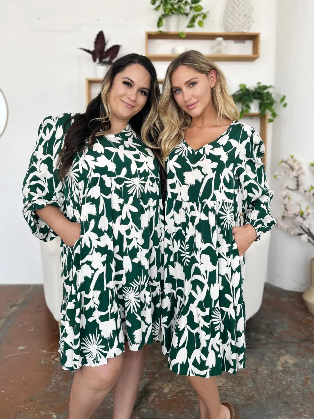 Double Take Full Size Printed Ruffle Hem Dress with Pocket - kinko