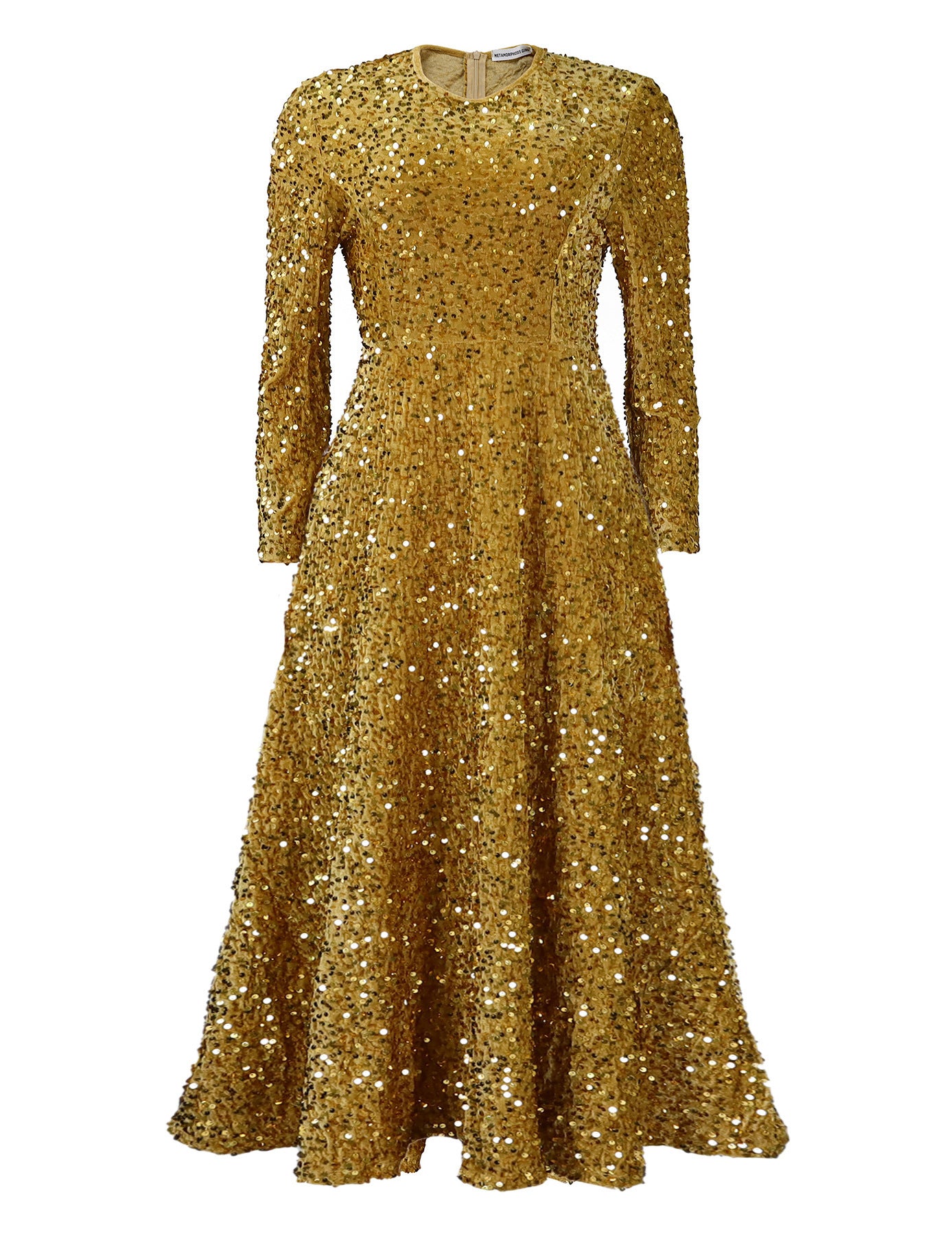 Women's Round Neck Long Sleeve Pure Color Sequins Mid-length Formal Dress - kinko