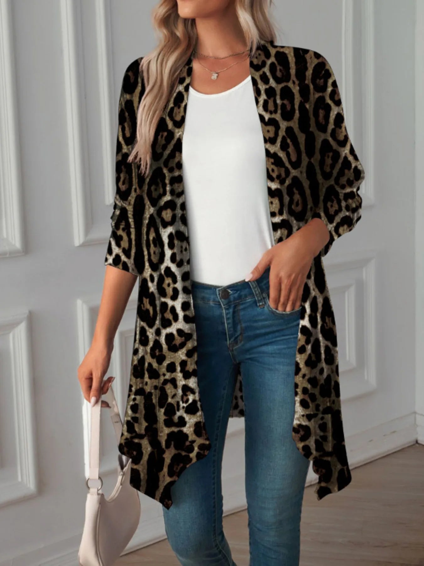 Leopard Print Long Open Front Cardigan - kinko