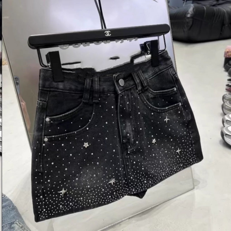 Retro Rhinestone Bright Star River Slim-fit Slimming Denim Skirt - kinko