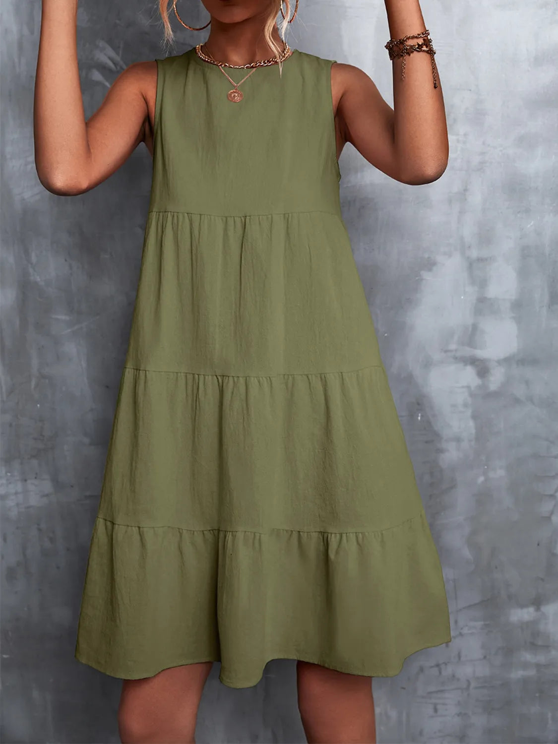 Tiered Round Neck Sleeveless Mini Tank Dress - kinko