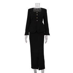 Square Collar Long Sleeve Cardigan Top Package Hip Skirt Two-piece Set - kinko