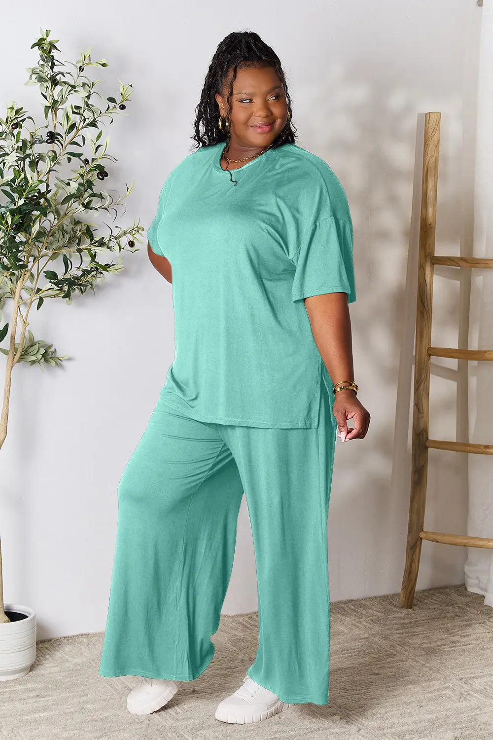 Double Take Full Size Round Neck Slit Top and Pants Set - kinko