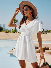 Smocked V-Neck Short Sleeve Dress - kinko
