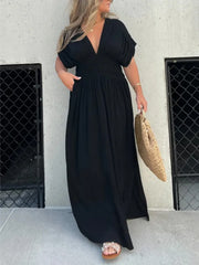 Full Size Deep V-Neck Maxi Dress with Side Slit Plus Size - kinko