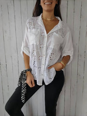 Women's Casual Hollow-out Design Pocket Long Sleeve Button-down Shirt - kinko