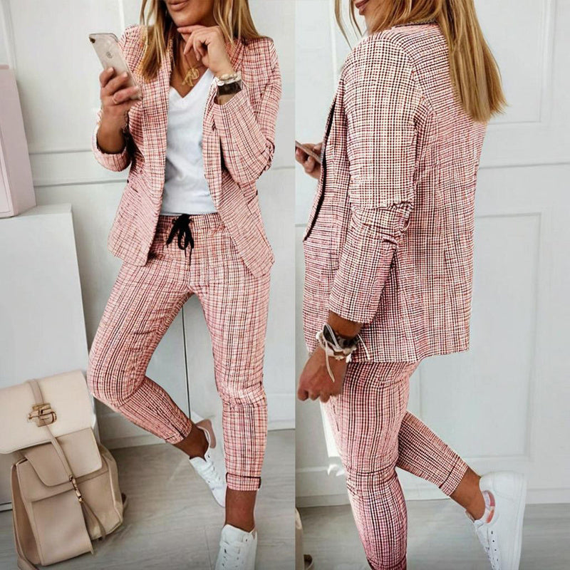 Women's Solid Color Plaid Long Sleeve Suit Two-piece Set With Pockets & Drawstring Waist Office Wear For Spring&Fall - kinko