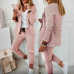 Women's Solid Color Plaid Long Sleeve Suit Two-piece Set With Pockets & Drawstring Waist Office Wear For Spring&Fall - kinko