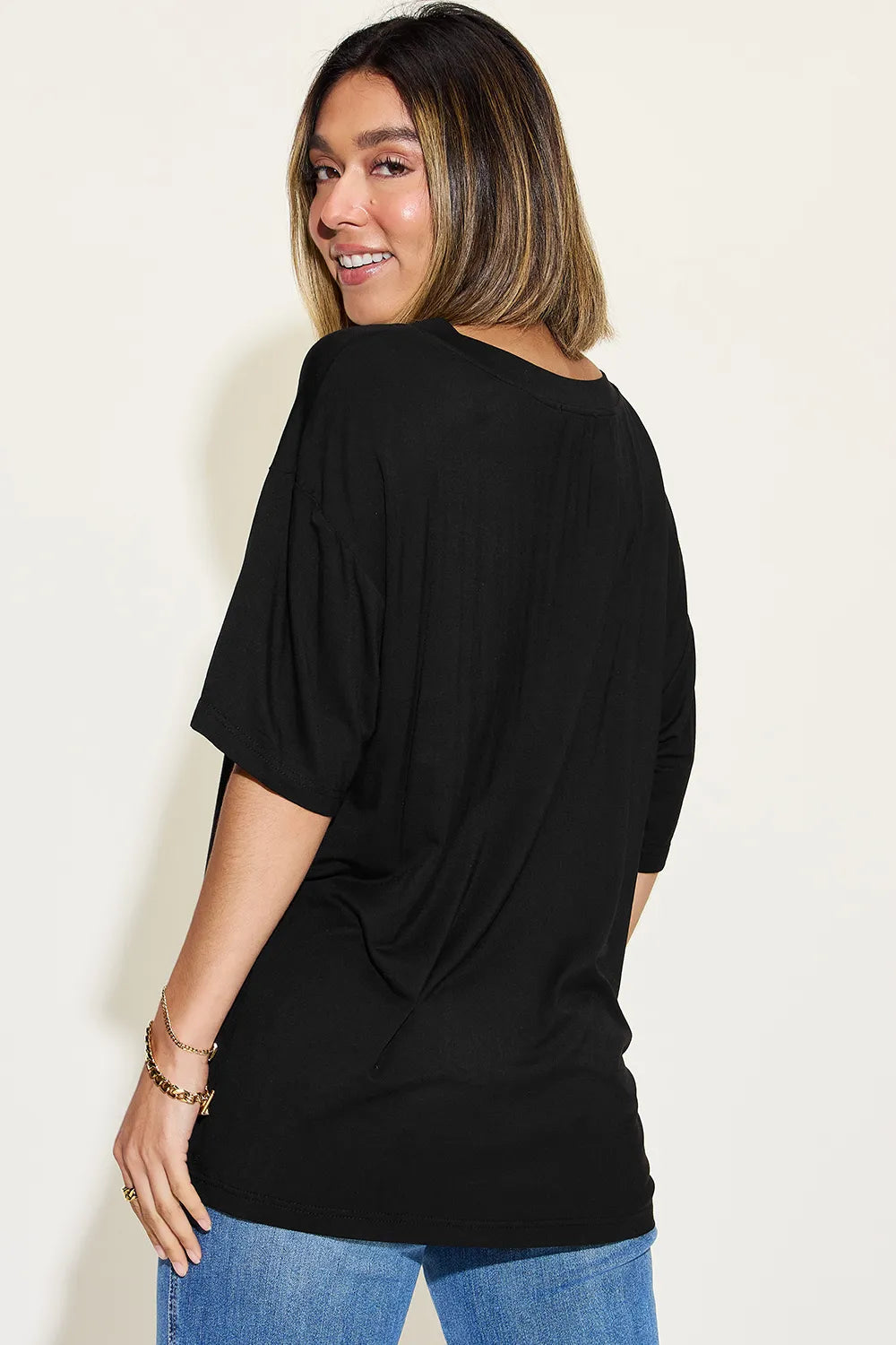 Basic Bae Full Size Bamboo V-Neck Drop Shoulder T-Shirt - kinko