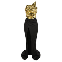 One-shoulder Leather Top Slit Mop Black Dress Two-piece Set Sexy Lacing Backless Light Dress - kinko