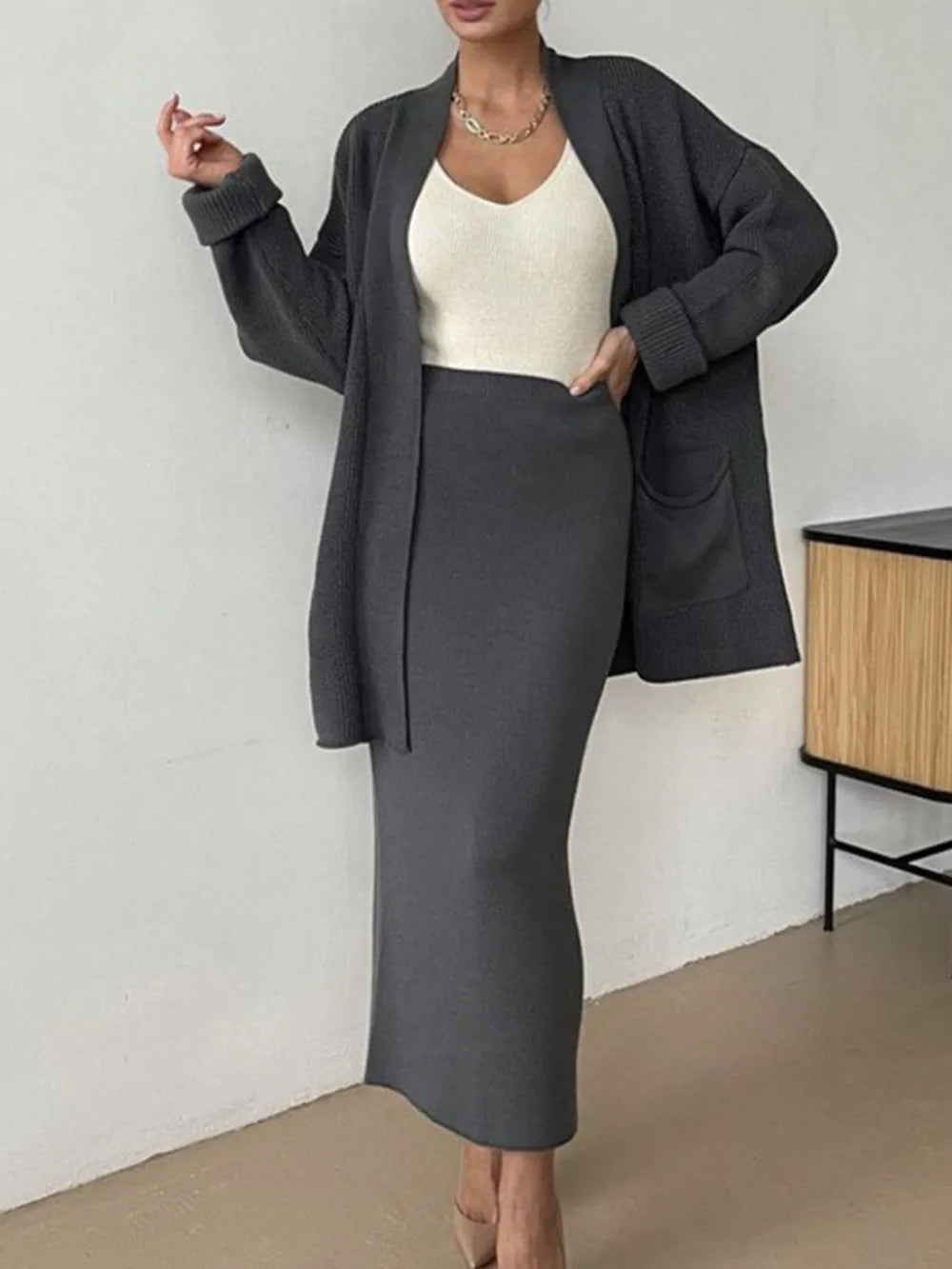 Pocketed Long Sleeve Cardigan and Skirt Sweater Set - kinko