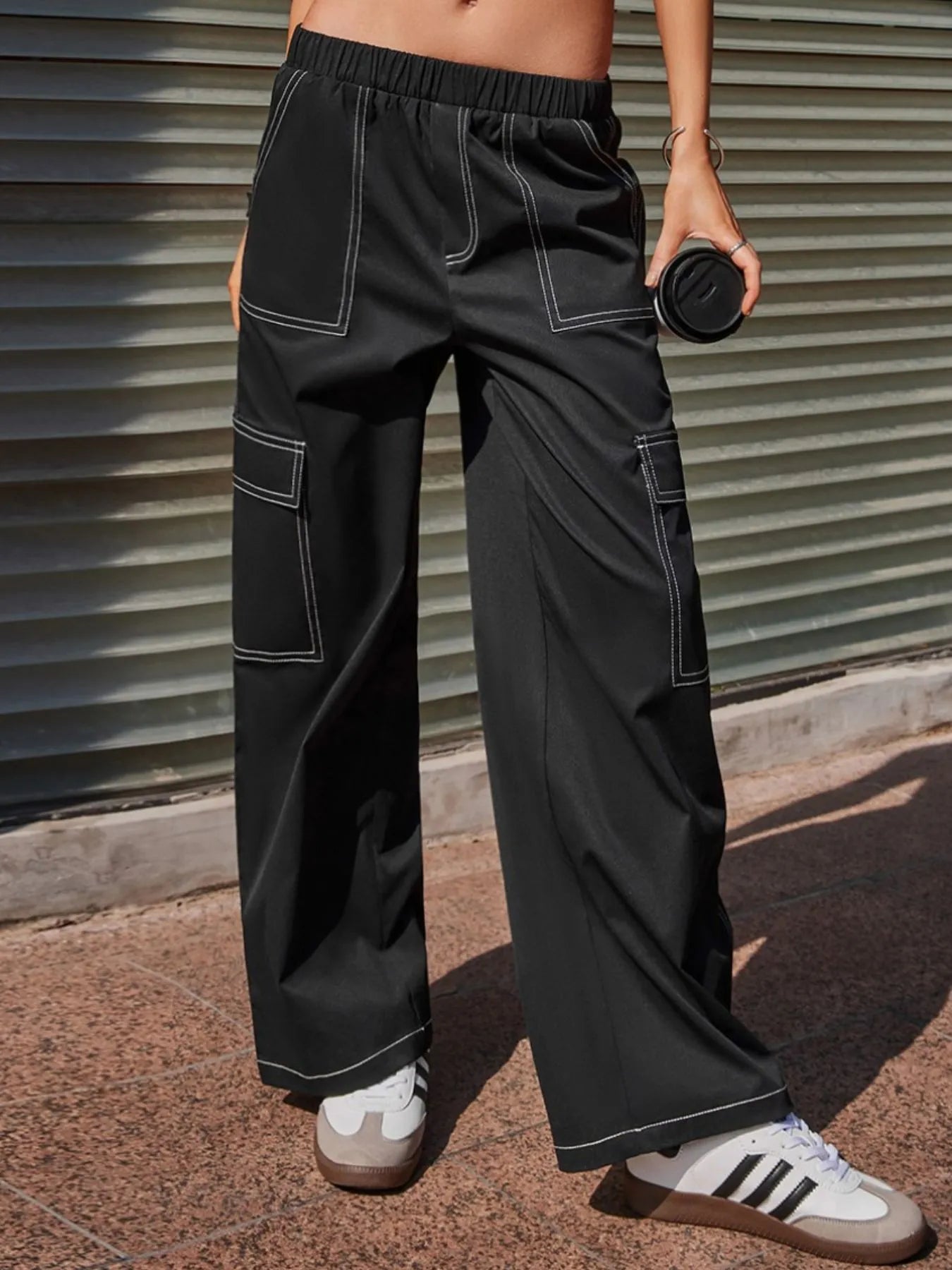 Wide Leg Pants with Contrast Stitching - kinko