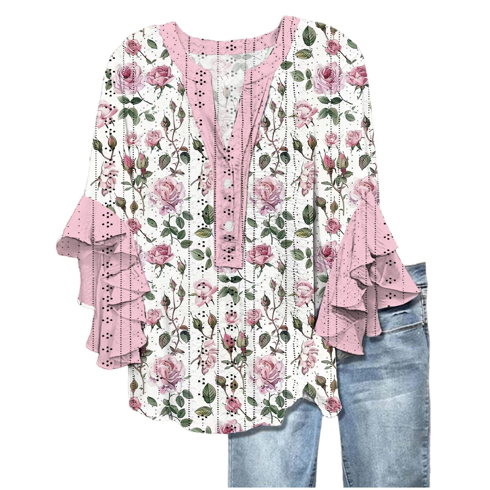 Printed Casual Trend V-neck Flounce Sleeve T-shirt - kinko