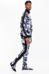 WEIV Men's Full Size Camo Side Stripe Jacket and Pant Set Plus Size - kinko