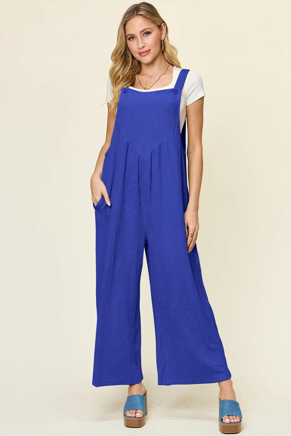 Double Take Full Size Texture Sleeveless Wide Leg Overall - kinko