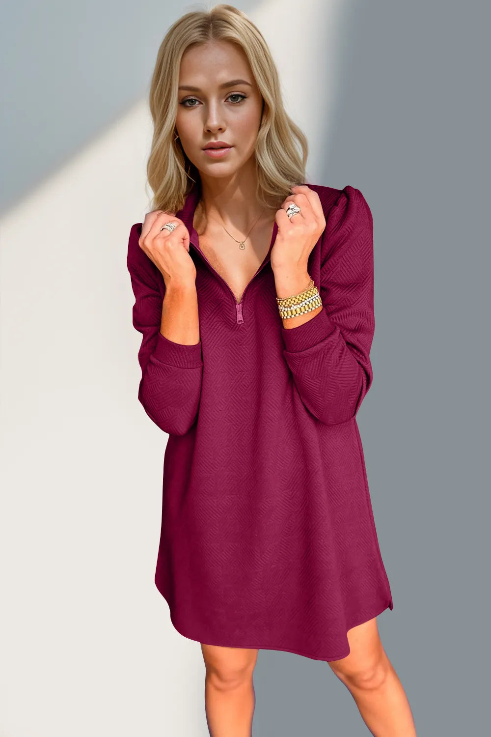 Double Take Textured Quarter Zip Long Sleeve Dress - kinko