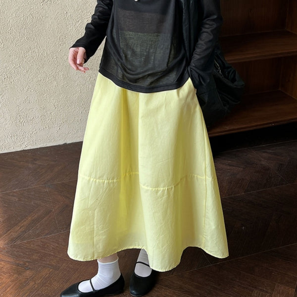 Gelber Rock mit hoher Taille, schlankmachender A-Linien-Rock, lockerer Überzug