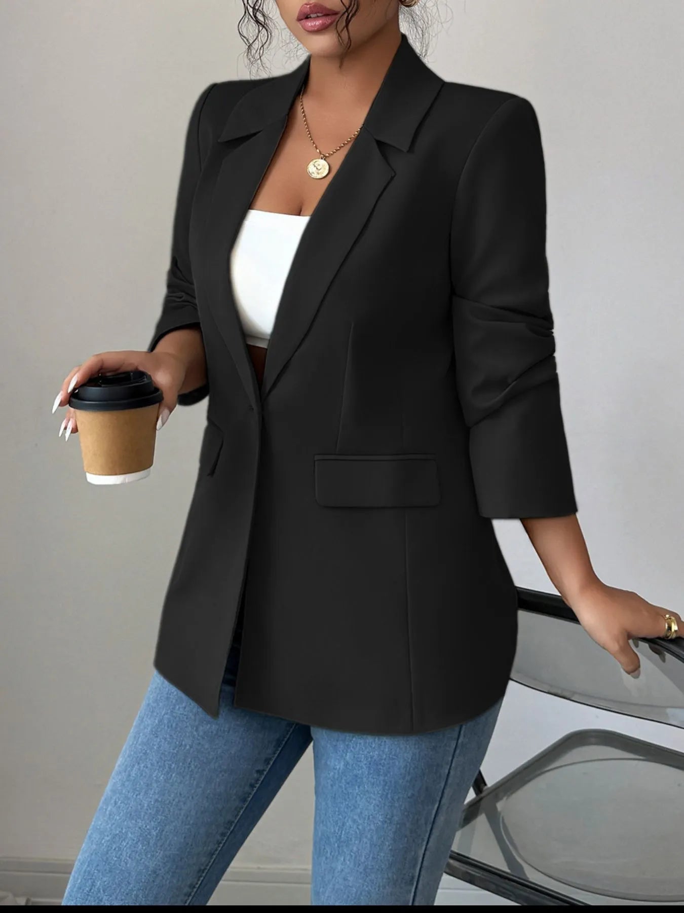 One Button Lapel Collar Blazer - kinko