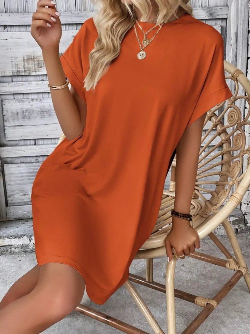 Pocketed Round Neck Short Sleeve Dress - kinko