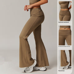 Wool Pleated Yoga Fold High Waist Running Sports Skinny Versatile Bell-bottom Pants Women - kinko