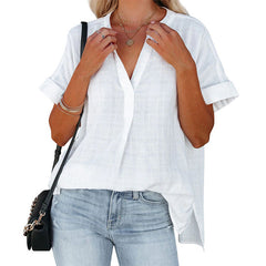 Women's Short Sleeve Thin V-neck Pullover Loose Shirt - kinko