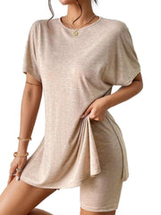 Slit Round Neck Short Sleeve Oversized Top and Shorts Set - kinko