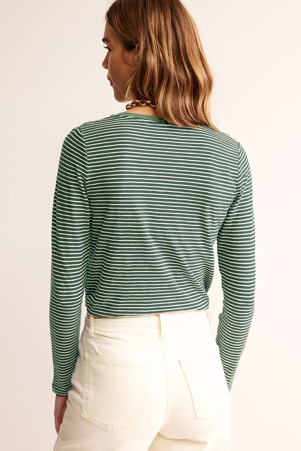 Green Stripe V Neck Stretchy Long Sleeve Top - kinko