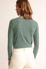 Green Stripe V Neck Stretchy Long Sleeve Top - kinko