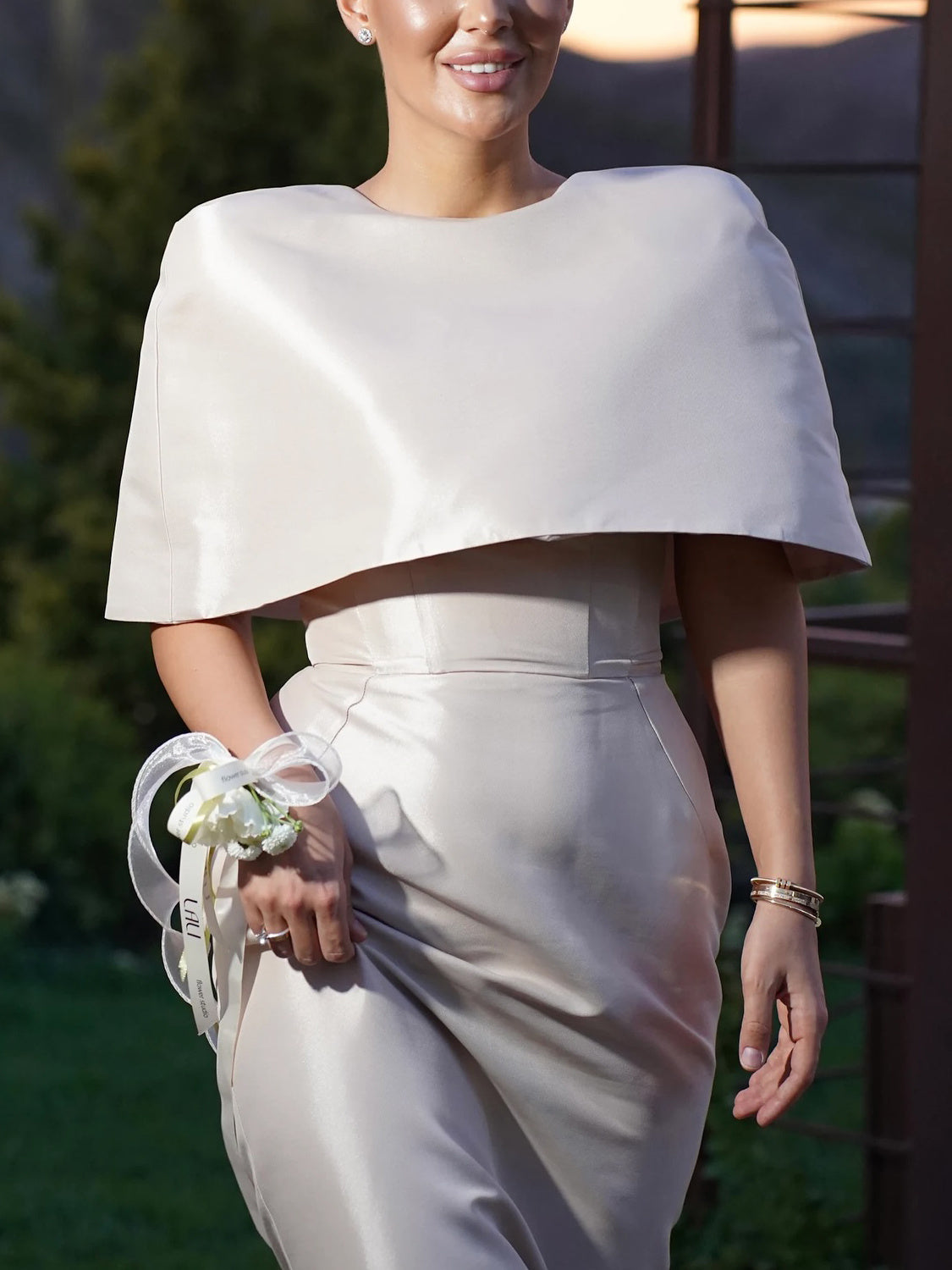 Satin Cape-style Top &Fitted Maxi Dress Set - kinko