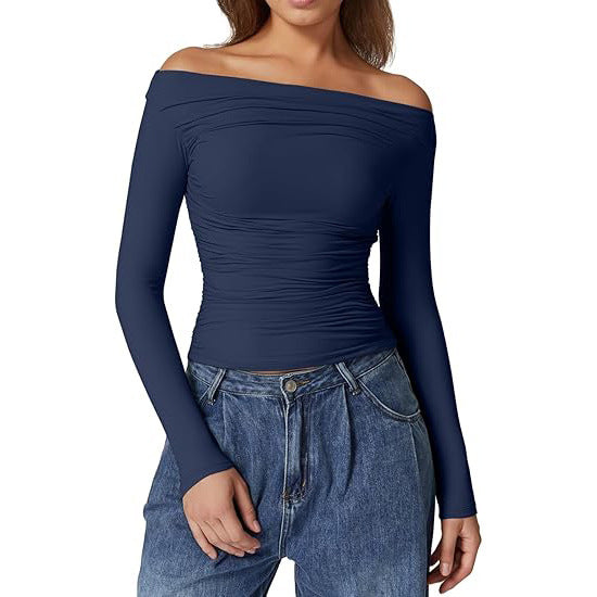European And American Women's Clothing Top Off-shoulder Long Sleeve T-shirt - kinko