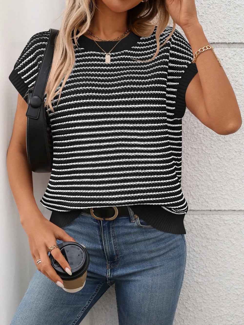 Striped Round Neck Short Sleeve Knit Top - kinko