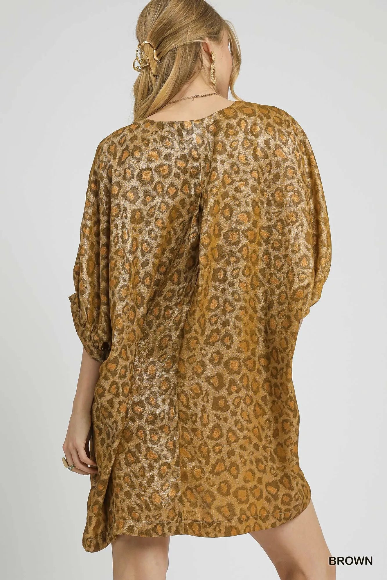 Umgee Metallic Leopard Print V-Neck Kimono Dress - kinko