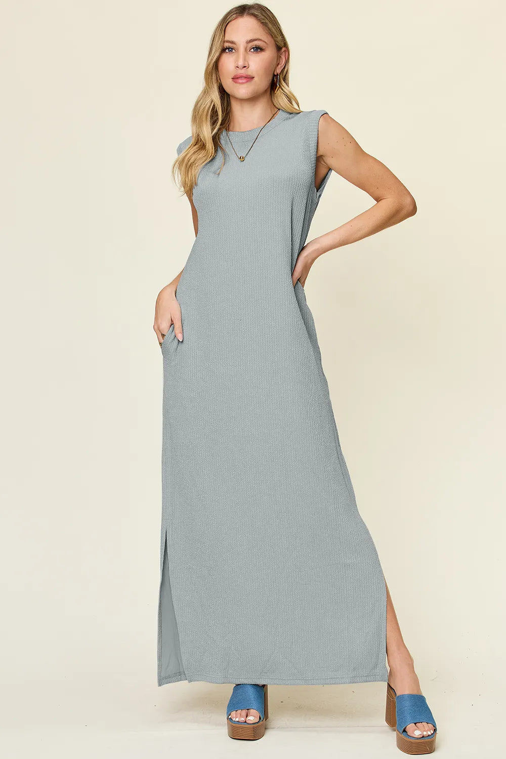Double Take Full Size Texture Mock Neck Sleeveless Maxi Dress - kinko