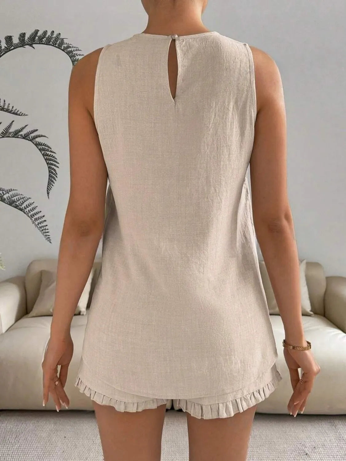 Lace Detail Round Neck Tank and Shorts Set - kinko