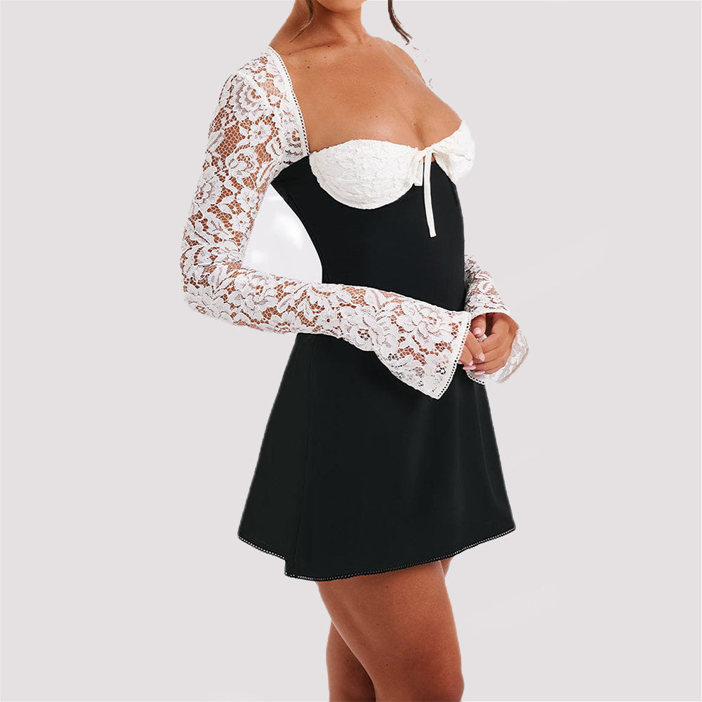 Y2K Lace Long Sleeve Dress Fashion Sexy Corset Backless Lace Up Short Dresses Womens Clothing - kinko