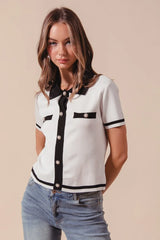 SO ME Button Down Knitted Sweater Shirt Top - kinko