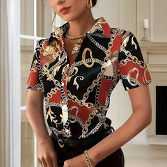 Women's Lapel Collar Short Sleeve Shirt - Chain Print Design, Button-Up Casual Top Comfortable Summer Wear - kinko
