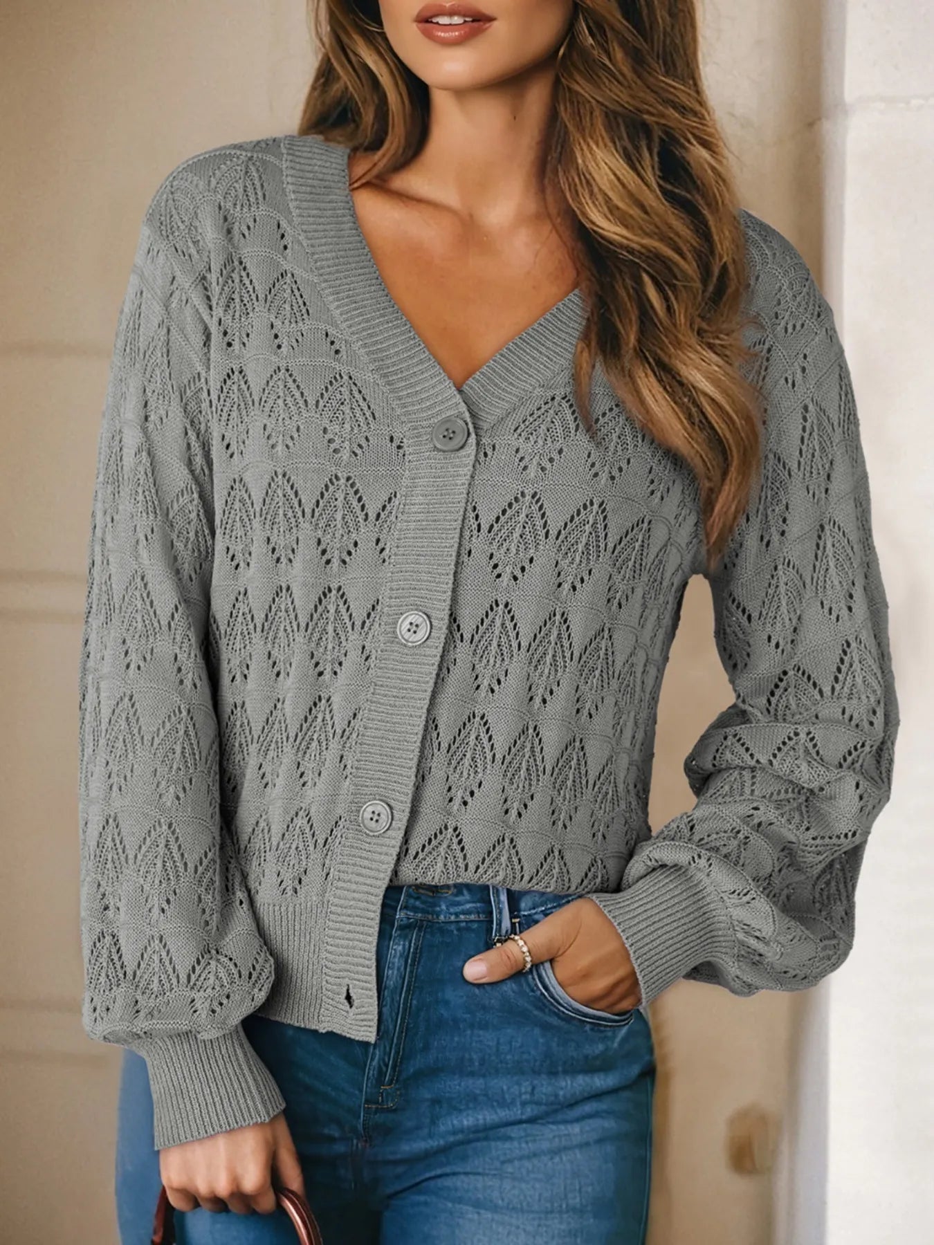 Buttoned Front Openwork Cardigan - kinko