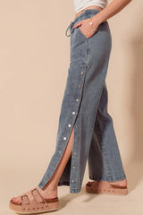 SO ME Mid Rise Drawstring Jeans with Side Snap Button - kinko