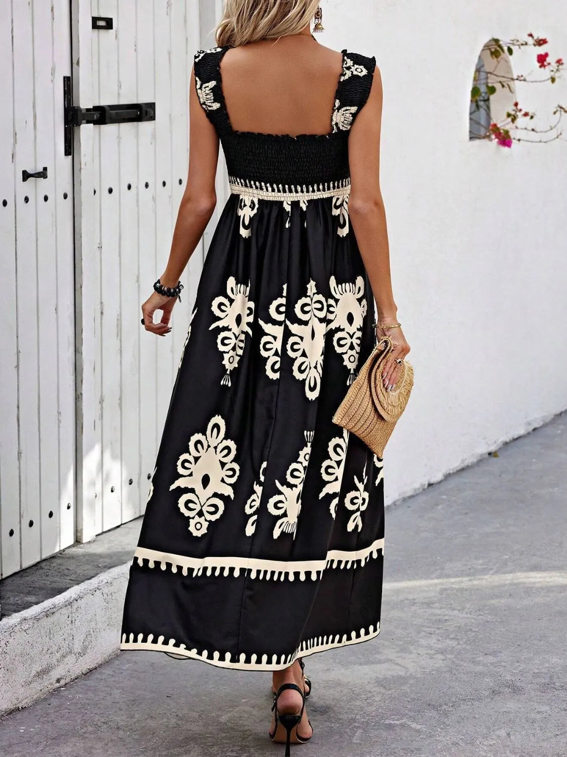 Smocked Printed Wide Strap Maxi Dress - kinko