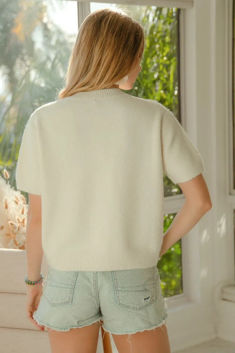 BiBi Teddy Bear With Bow Patched Sweater Button Down Top - kinko