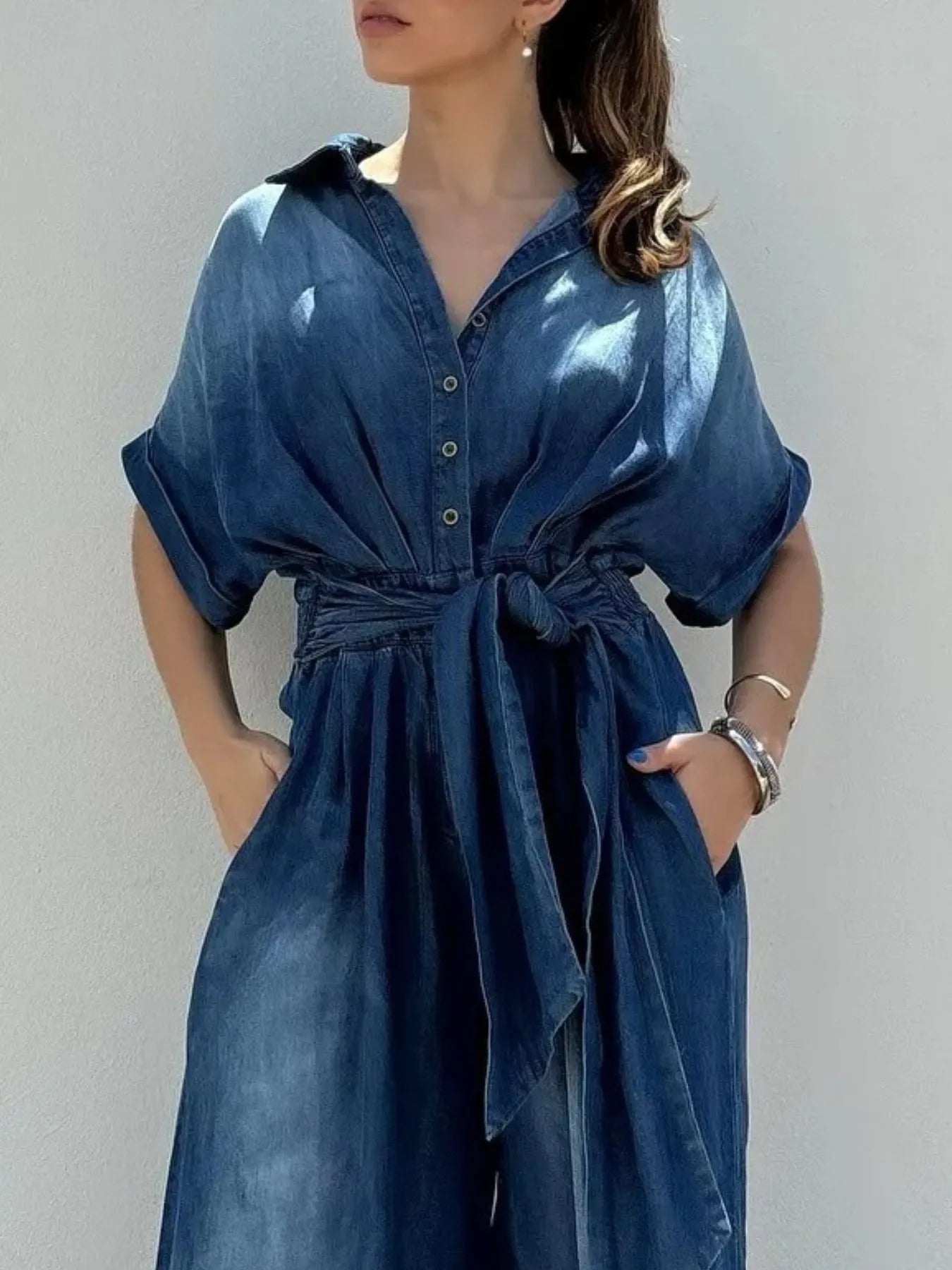 Button Front Wide Leg Denim Jumpsuit - kinko