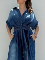 Button Front Wide Leg Denim Jumpsuit - kinko